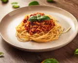 Pyszne spaghetti bolognese, idealne na prosty obiad. Aromatyczny sos mięsny z pomidorami i świeża bazylia.