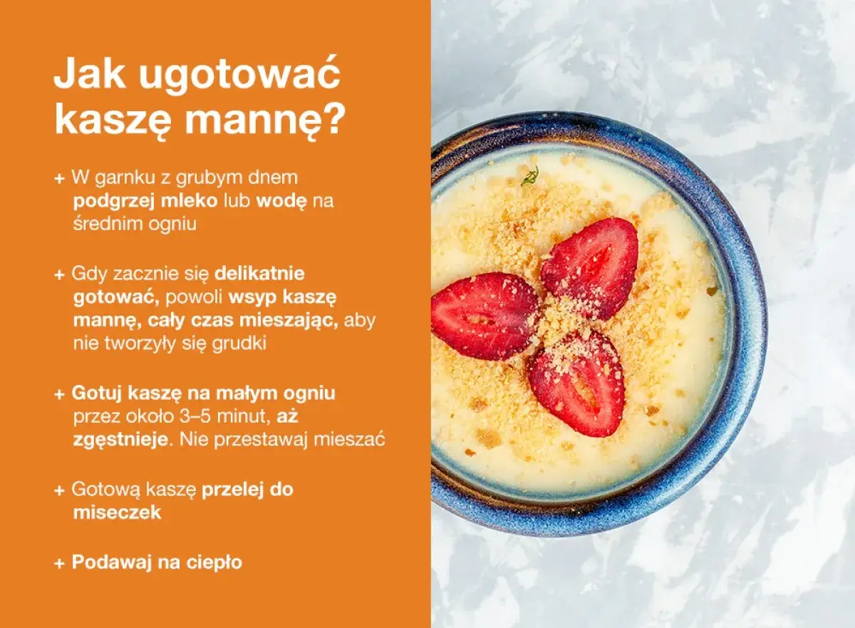 Miseczka kremowej kaszy manny na mleku, udekorowana plasterkami truskawek i posypką.