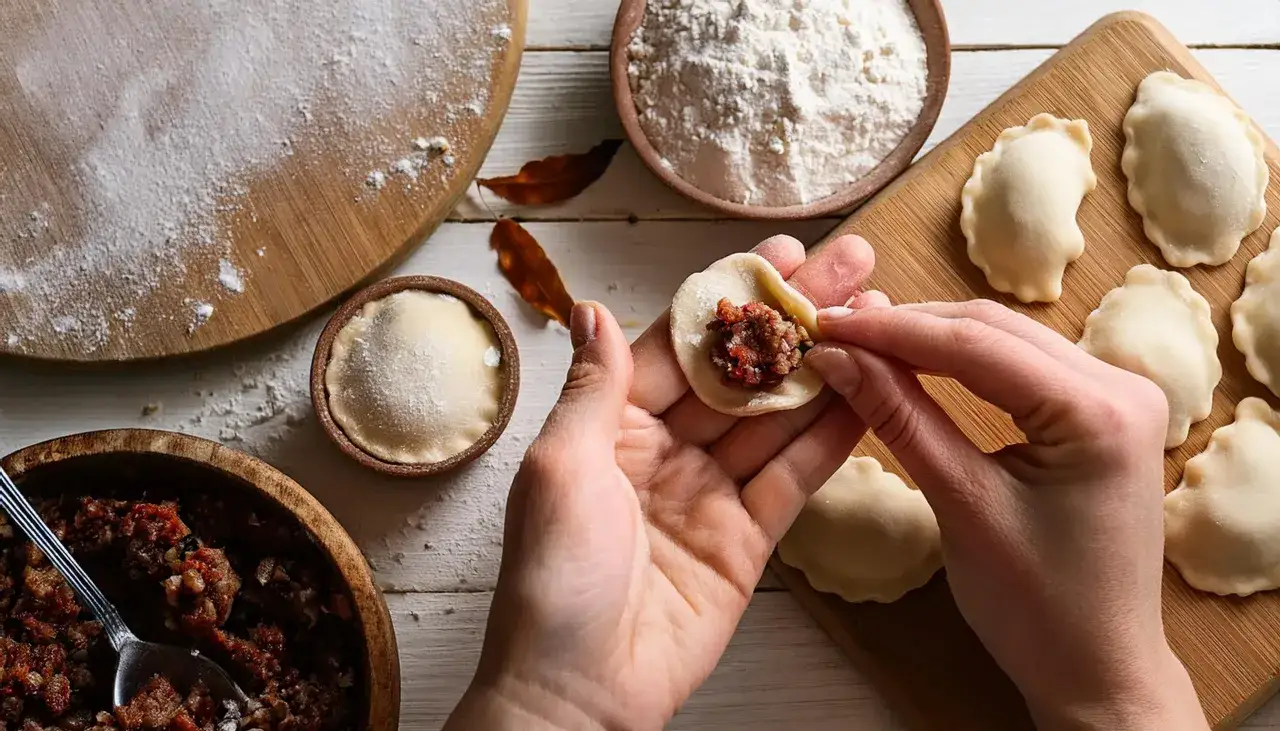 Ręczne lepienie pierogów z kapustą i pieczarkami. Na stole mąka, farsz i gotowe pierogi.