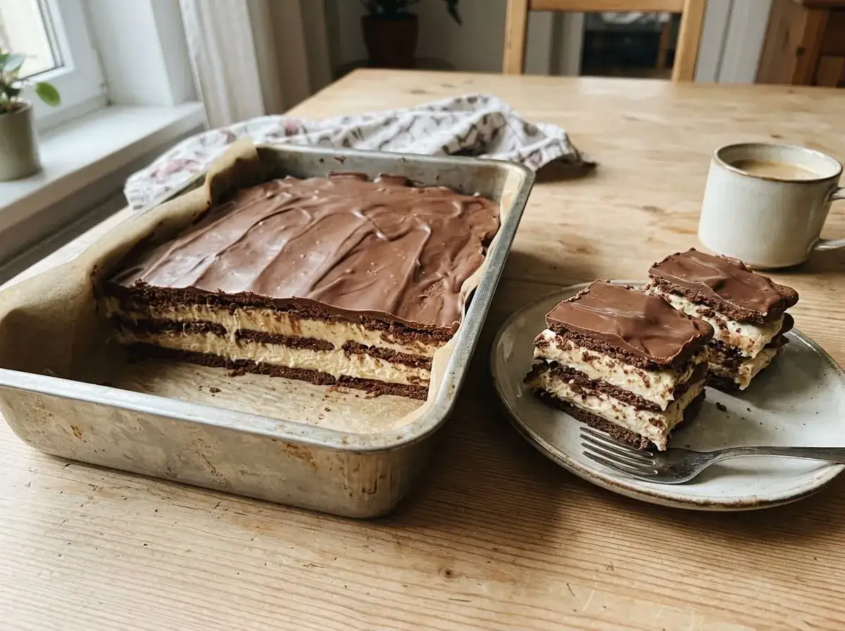 Pyszne ciasto Milky Way z warstwami herbatników i kremu, polane czekoladą. Idealne na deser.